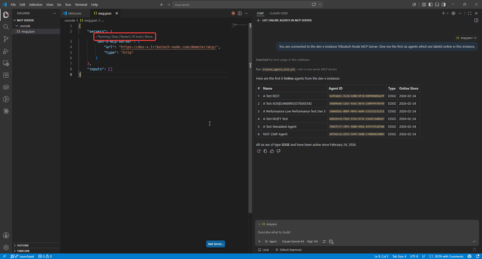 VS Code connected to the Tributech MCP server