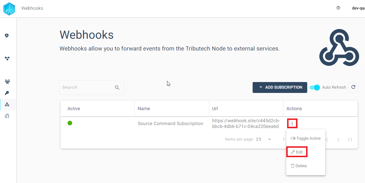 Tributech Node - Webhooks Overview Edit