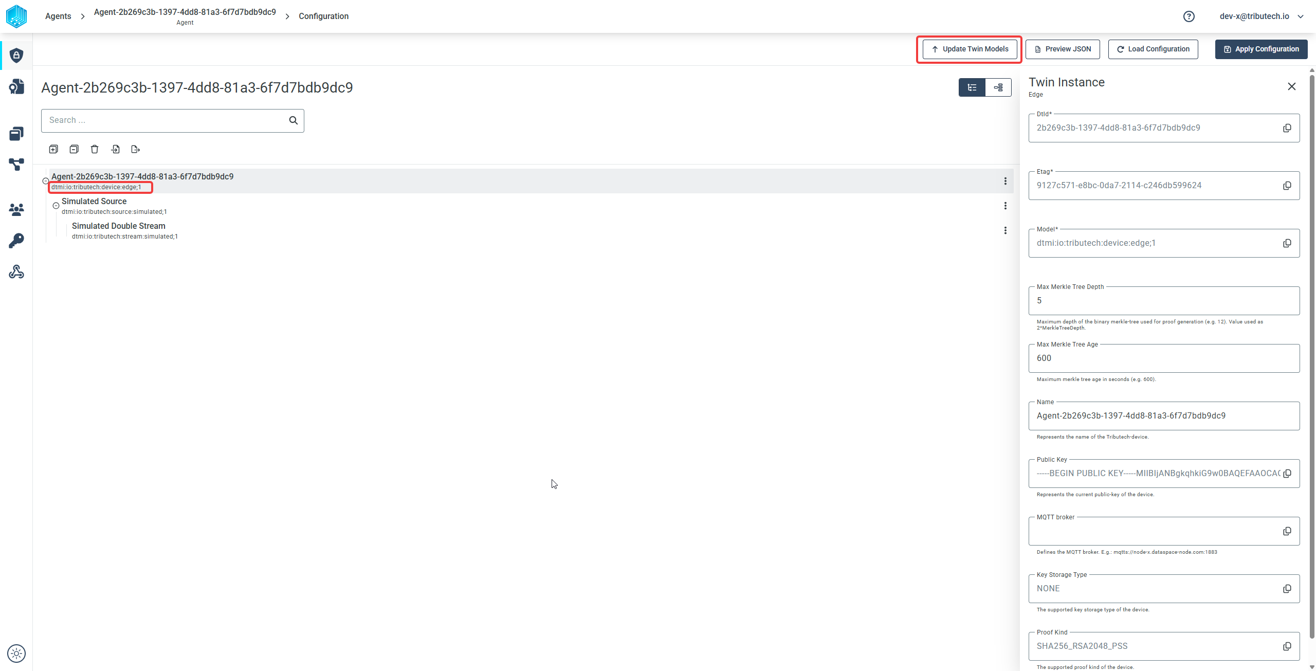 Update Twin Models button in the agent configuration view