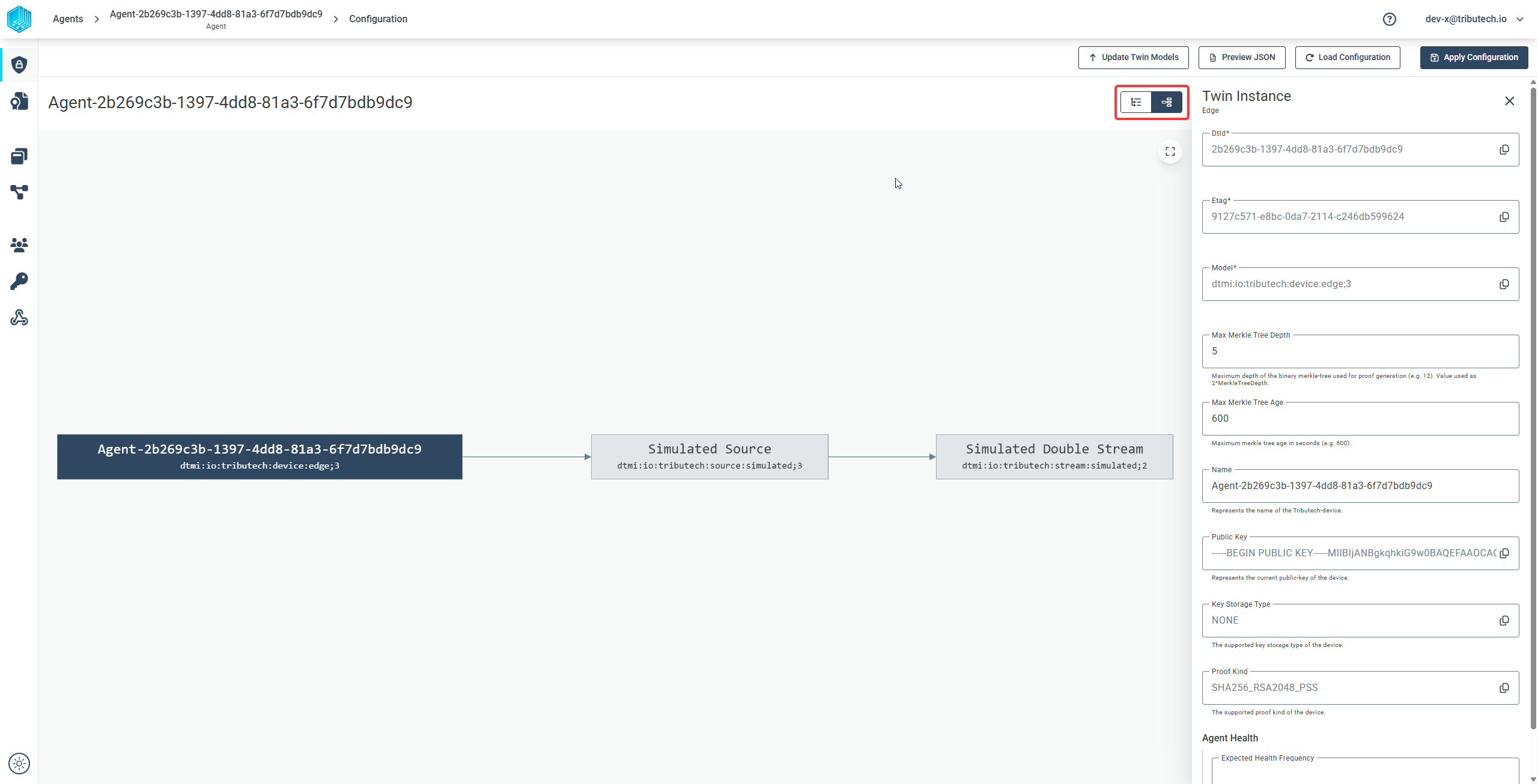 Switching between the list and graph view in the Twin Workspace