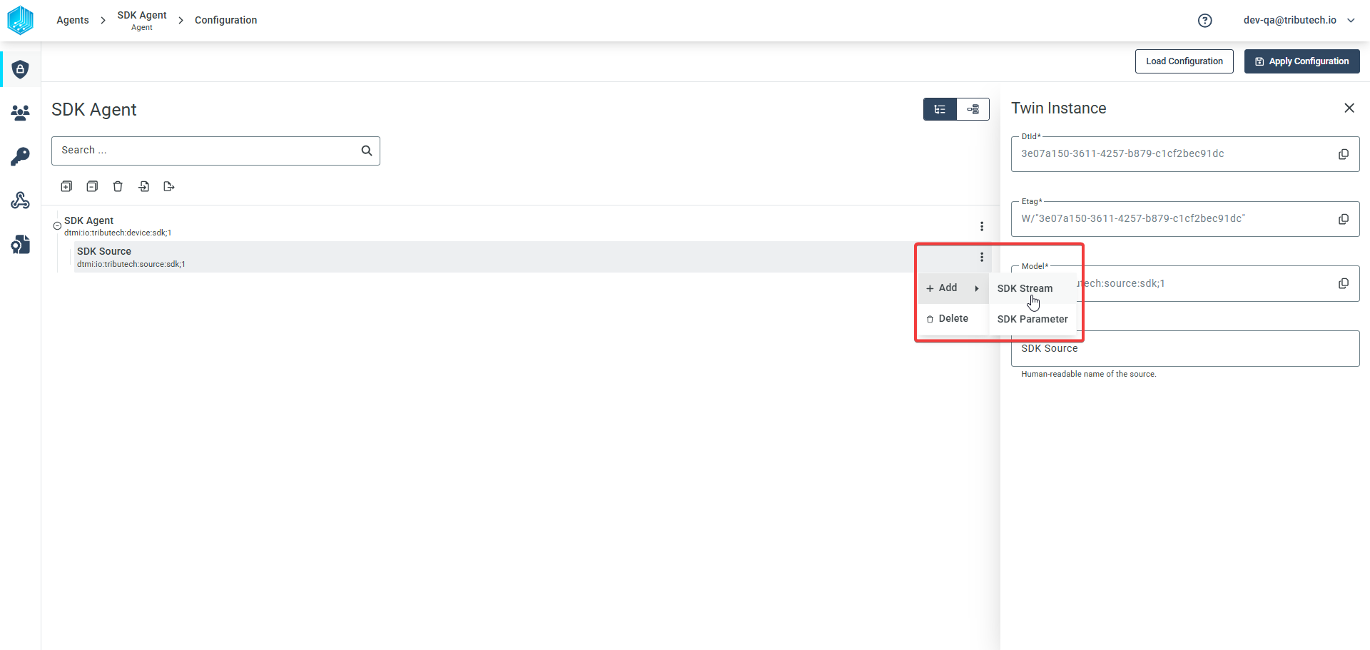 Tributech C-SDK Configuration Add Stream