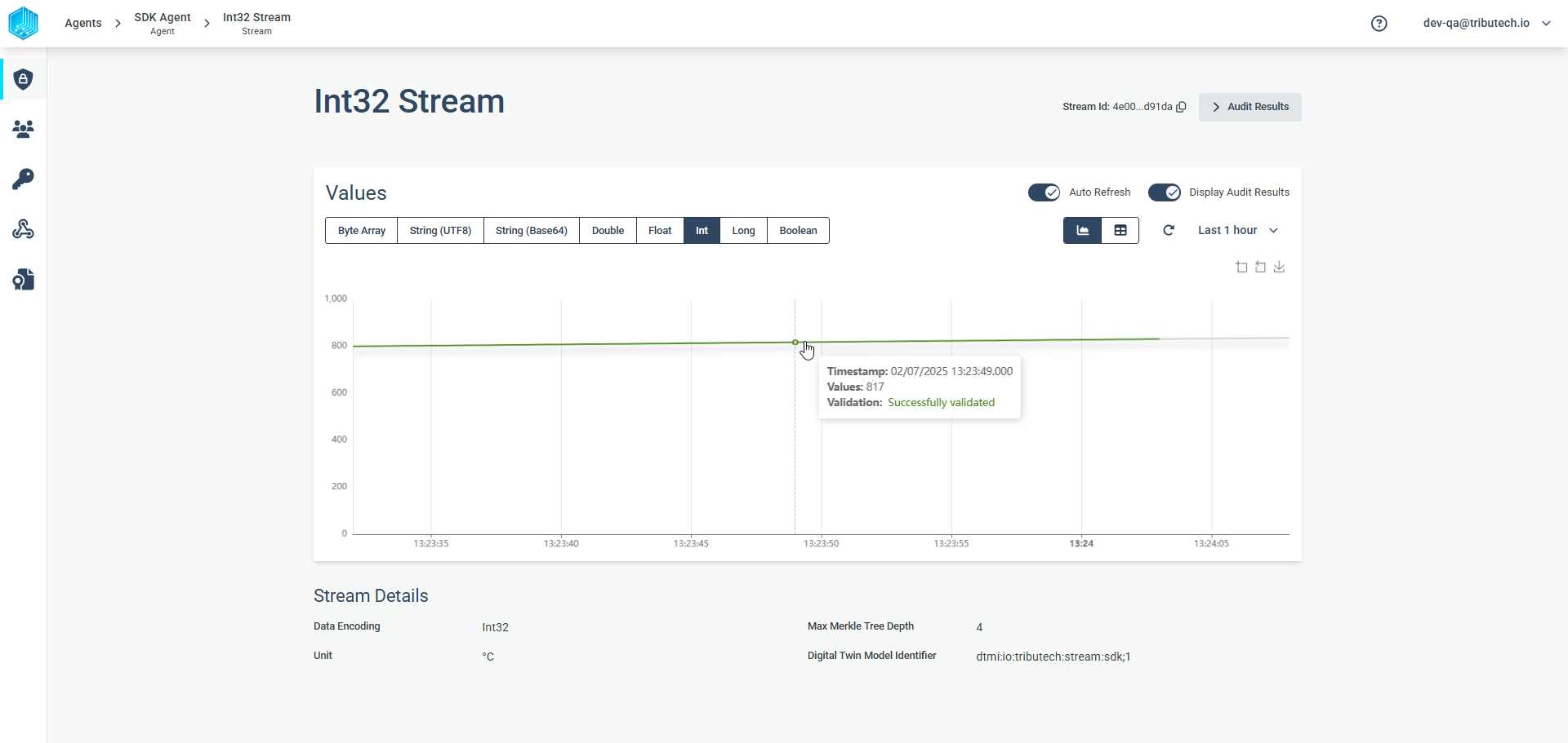Tributech C-SDK Stream Detail page